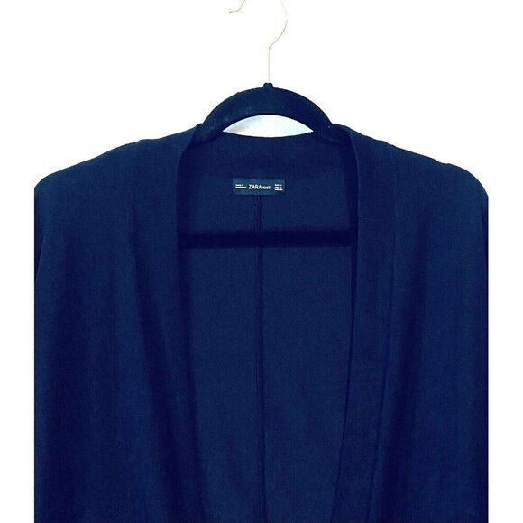 Zara Knit Cardigan Sweater Womens Medium Navy Blue Open Front 3/4 Sleeve Classic - Picture 2 of 7
